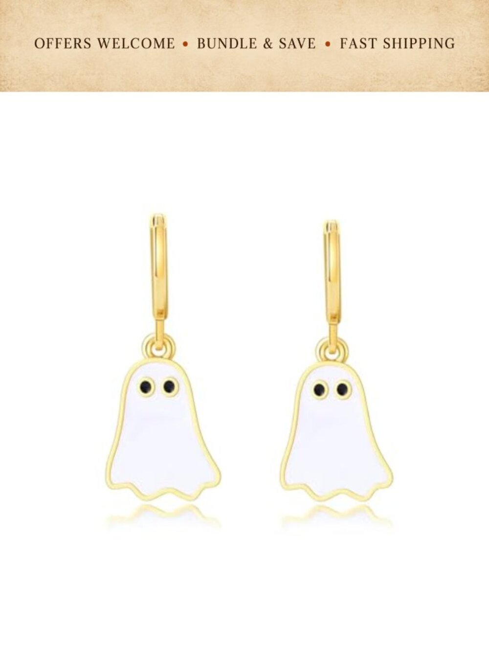 14K Gold Ghost Huggie Hoop Earrings Handmade Polymer Clay Halloween Jewelry